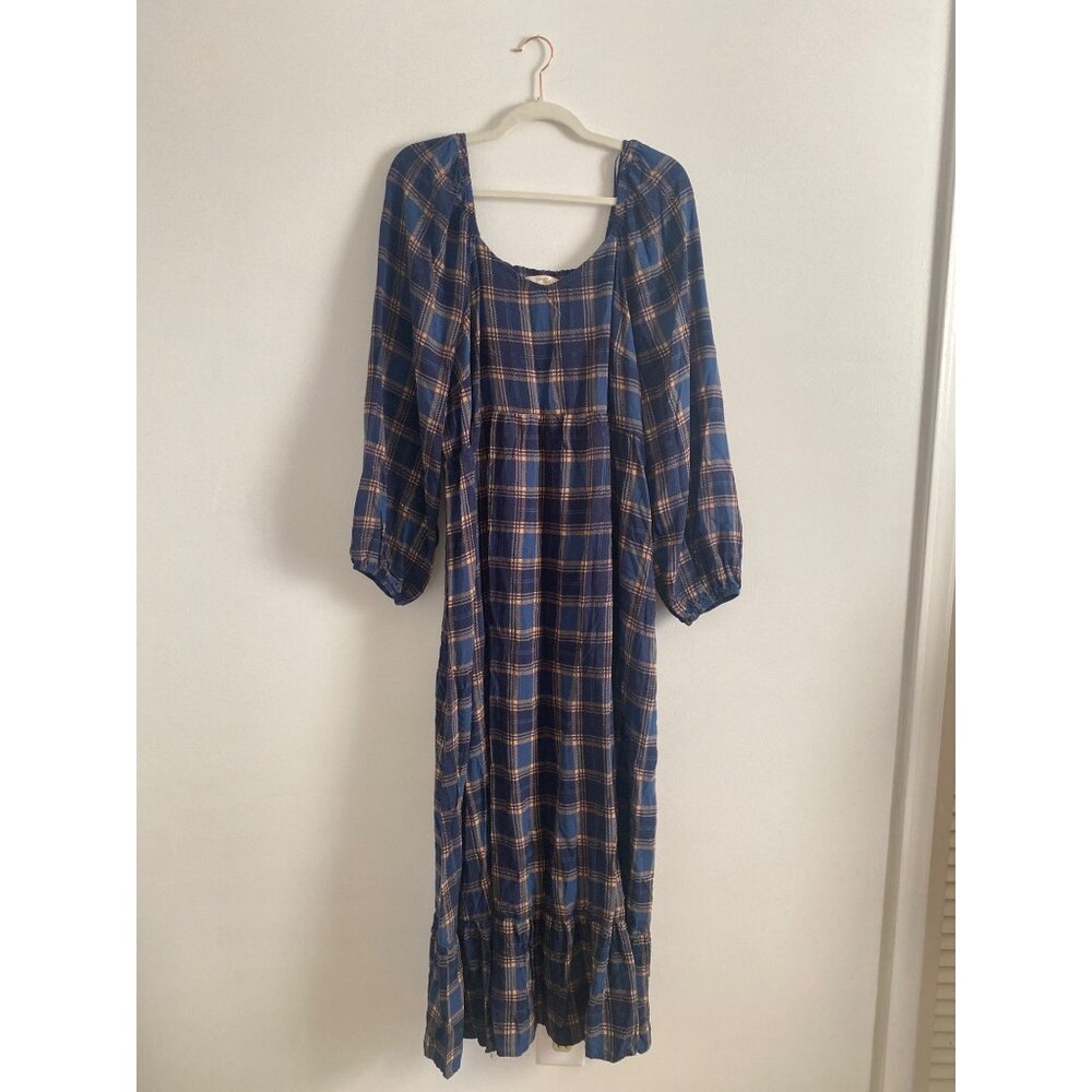 Terra & Sky Women’s Long Sleeve Blue Plaid Maxi Dress With Smocked Back Size 1X